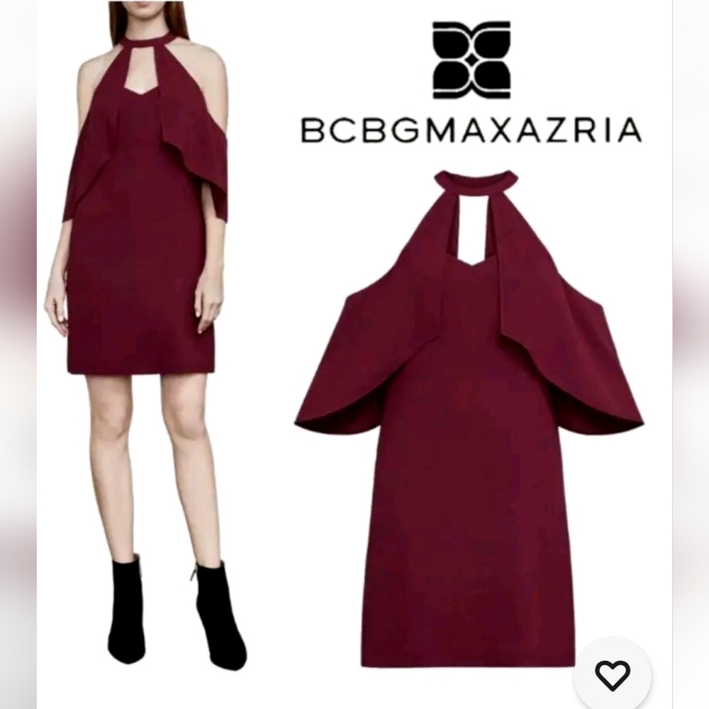 New BCBGMaxAzria Duran Cold Shoulder Ruffle  Halter Dress COLOR: DEEP CRANBERRY.